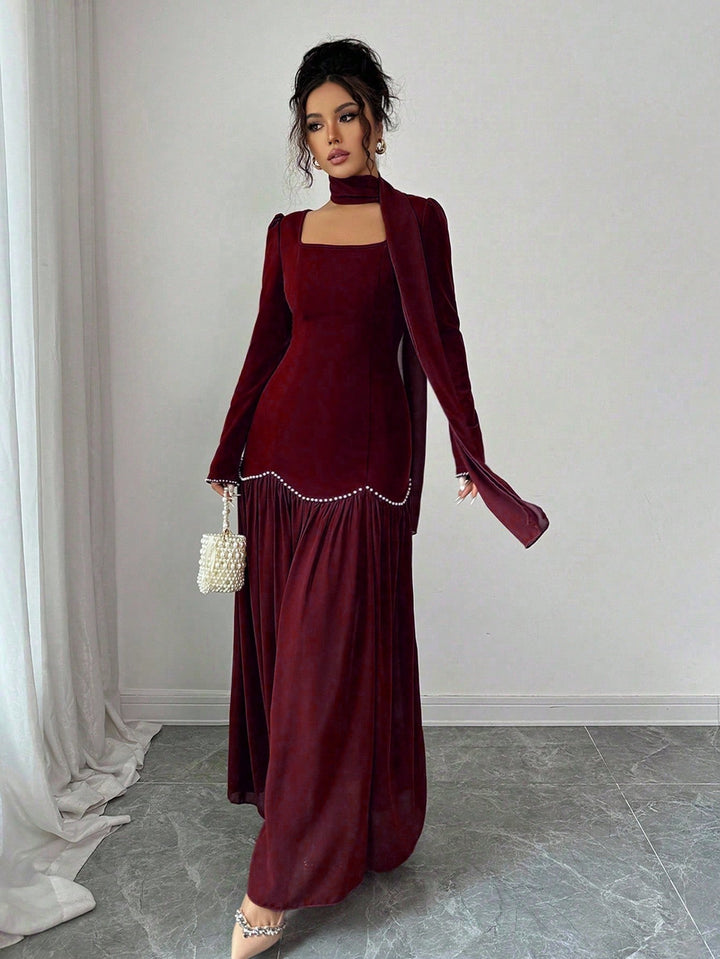 Elegant Velvet Pearl Trim Midi Dress
