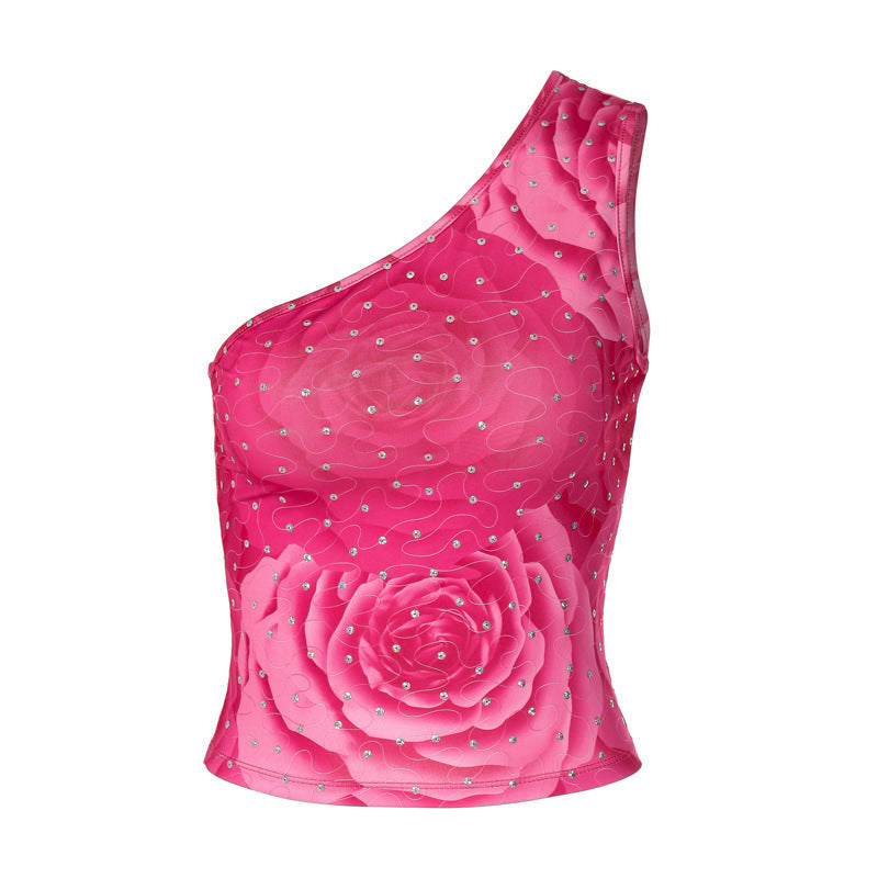 Rose Print Sequin One-Shoulder Cropped Camisole-Fuchsia