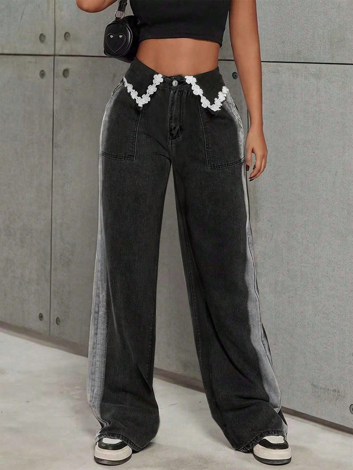 Lace Trim Wide Leg Jeans