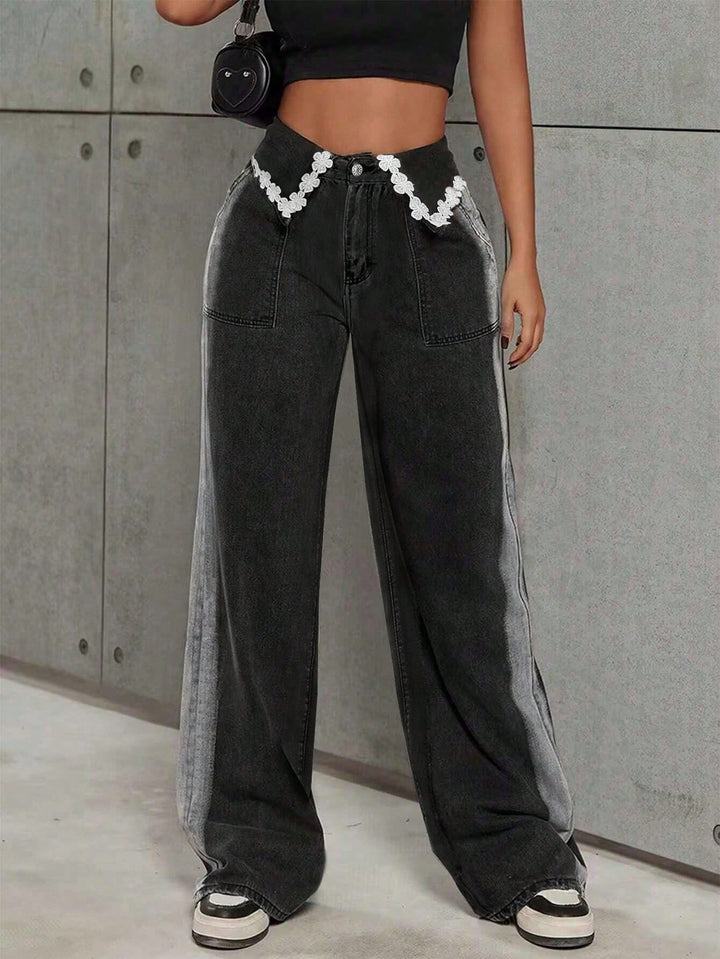 Lace Trim Wide Leg Jeans