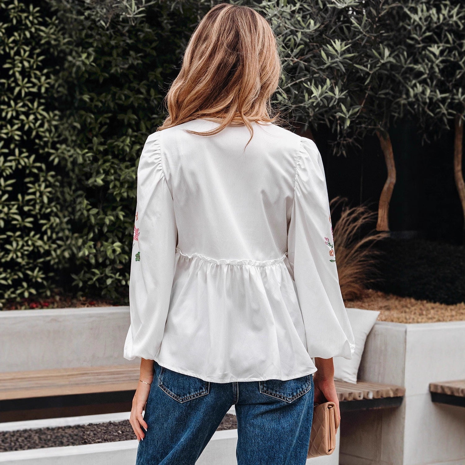 Floral Embroidery Drawstring Bohemian Blouse
