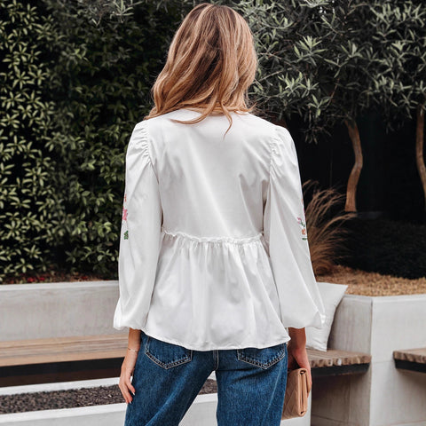 Floral Embroidery Drawstring Bohemian Blouse