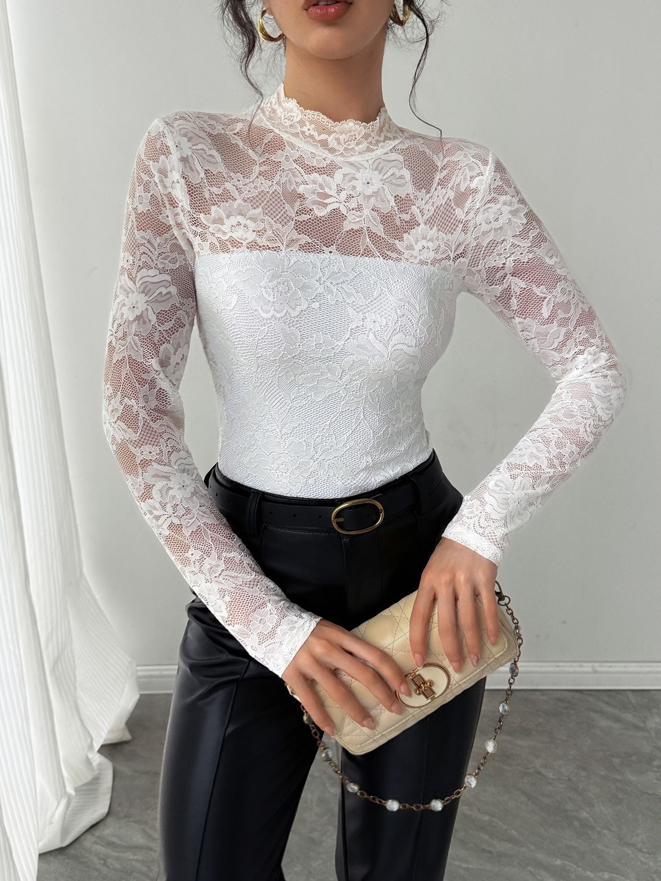 Sheer Floral Lace Mock Neck Top
