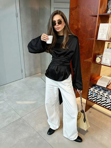 Satin Ruched Waist Long Sleeve Blouse