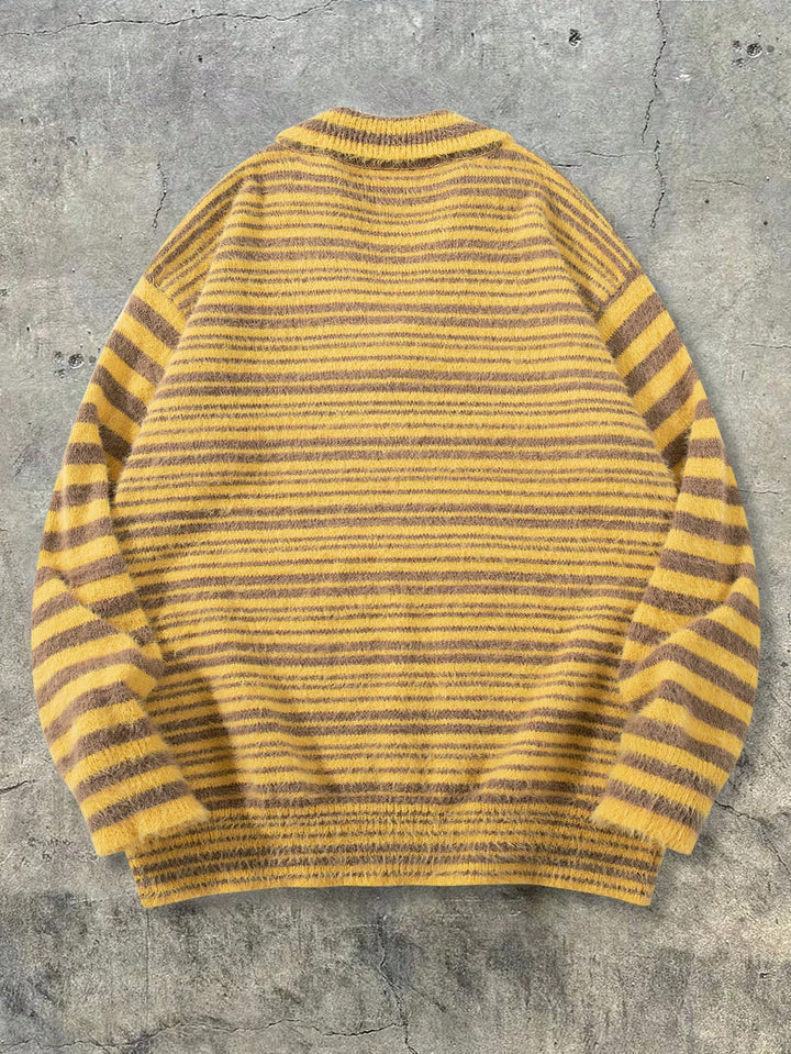 Fuzzy Striped Collared Pullover Sweater