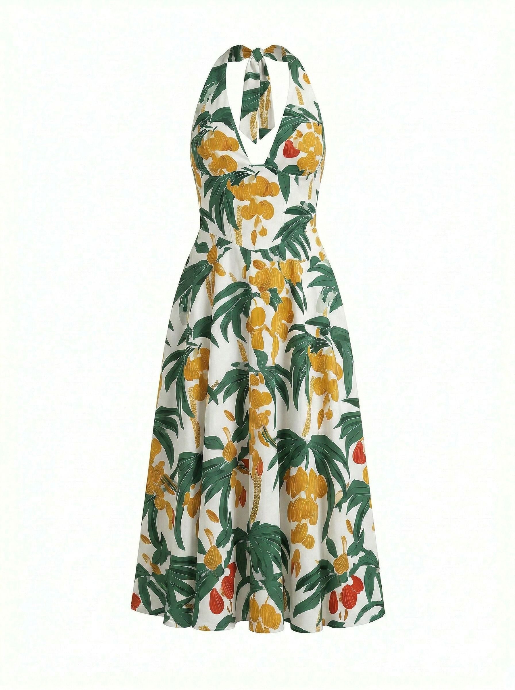 Floral Print Halter Neck Tie Back Midi Dress