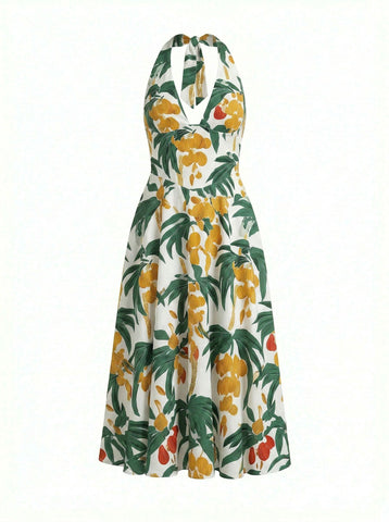 Floral Print Halter Neck Tie Back Midi Dress