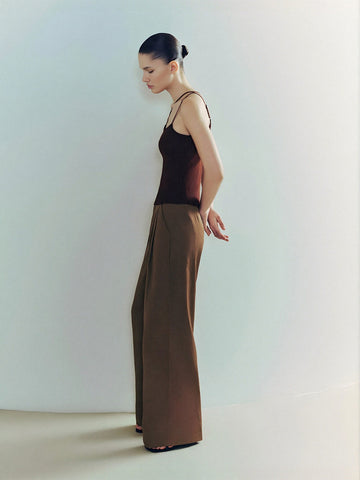Urban Revivo Loose Wide-Leg Pants-Deep Coffee Brown
