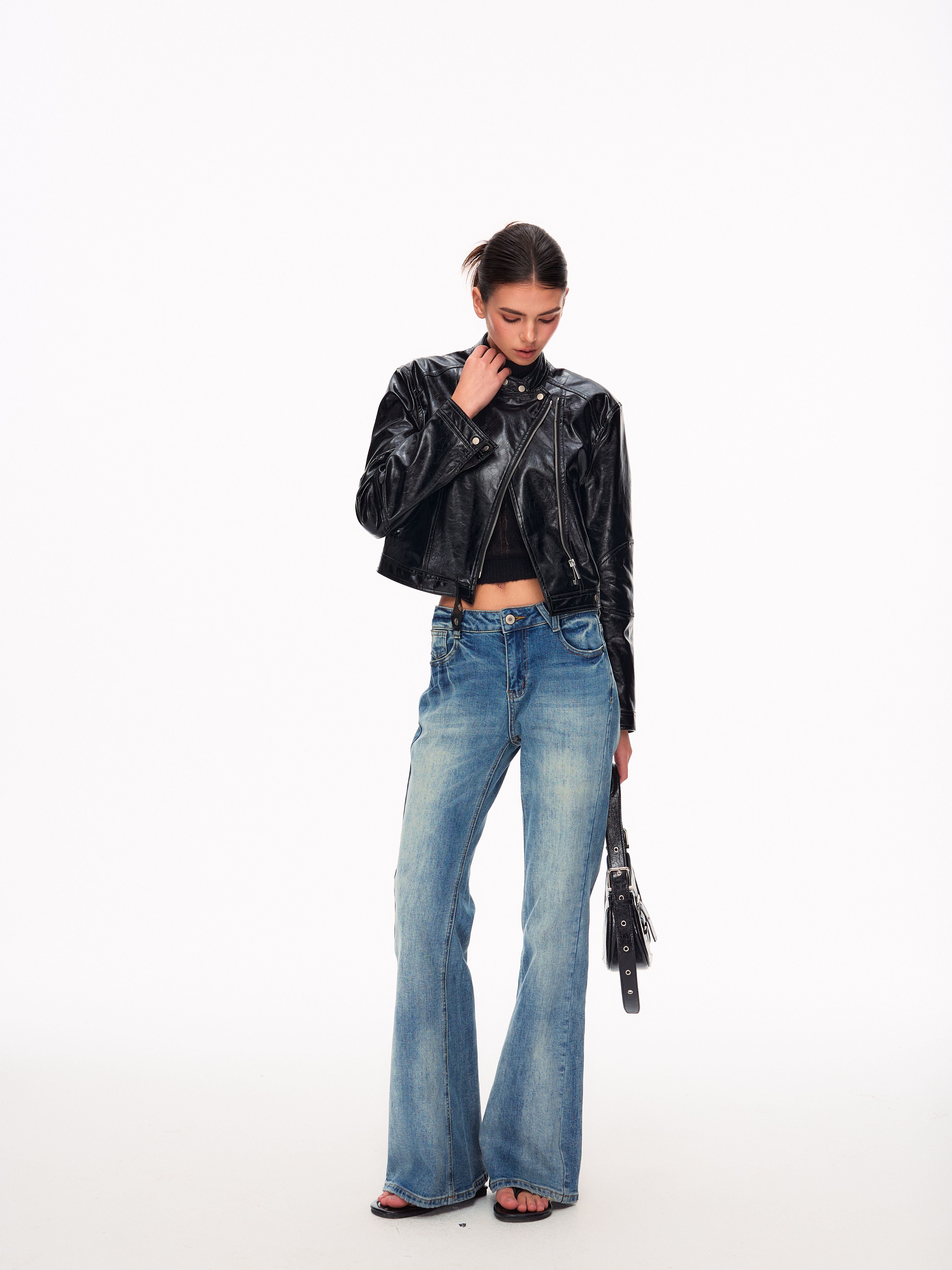 Cropped Slim Fit Biker Leather Jacket
