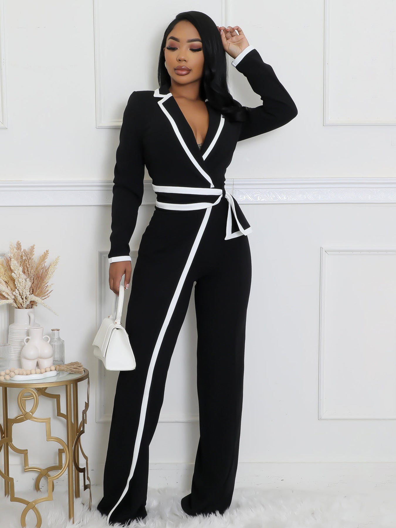 Elegant Colorblock Belted Wide Leg Jumpsuit