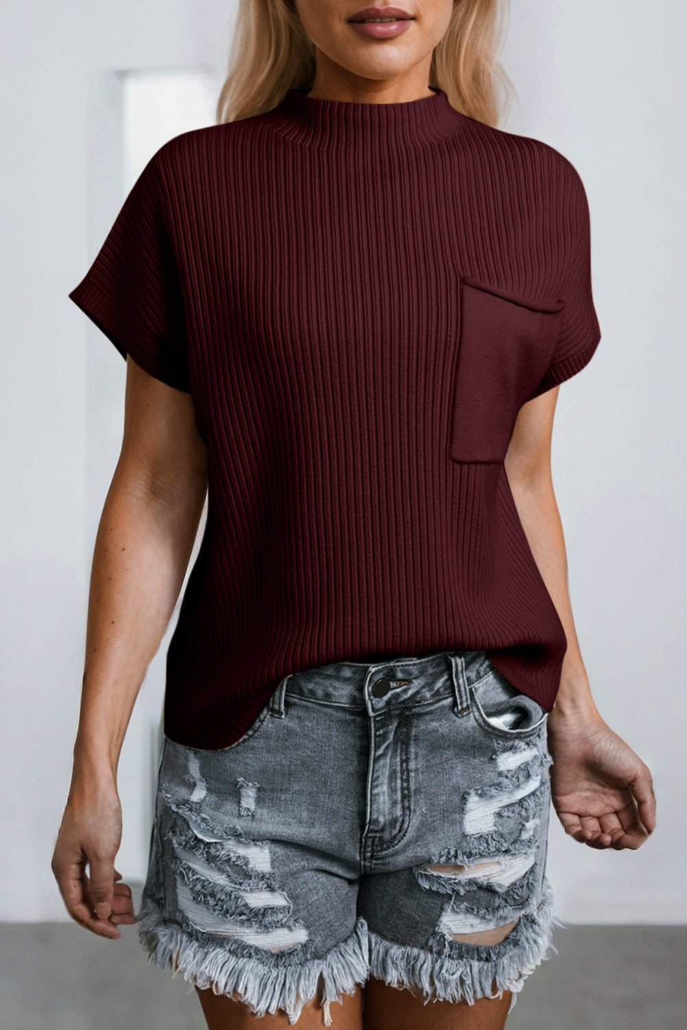 Soft Ribbed Knit Short Sleeve Sweater