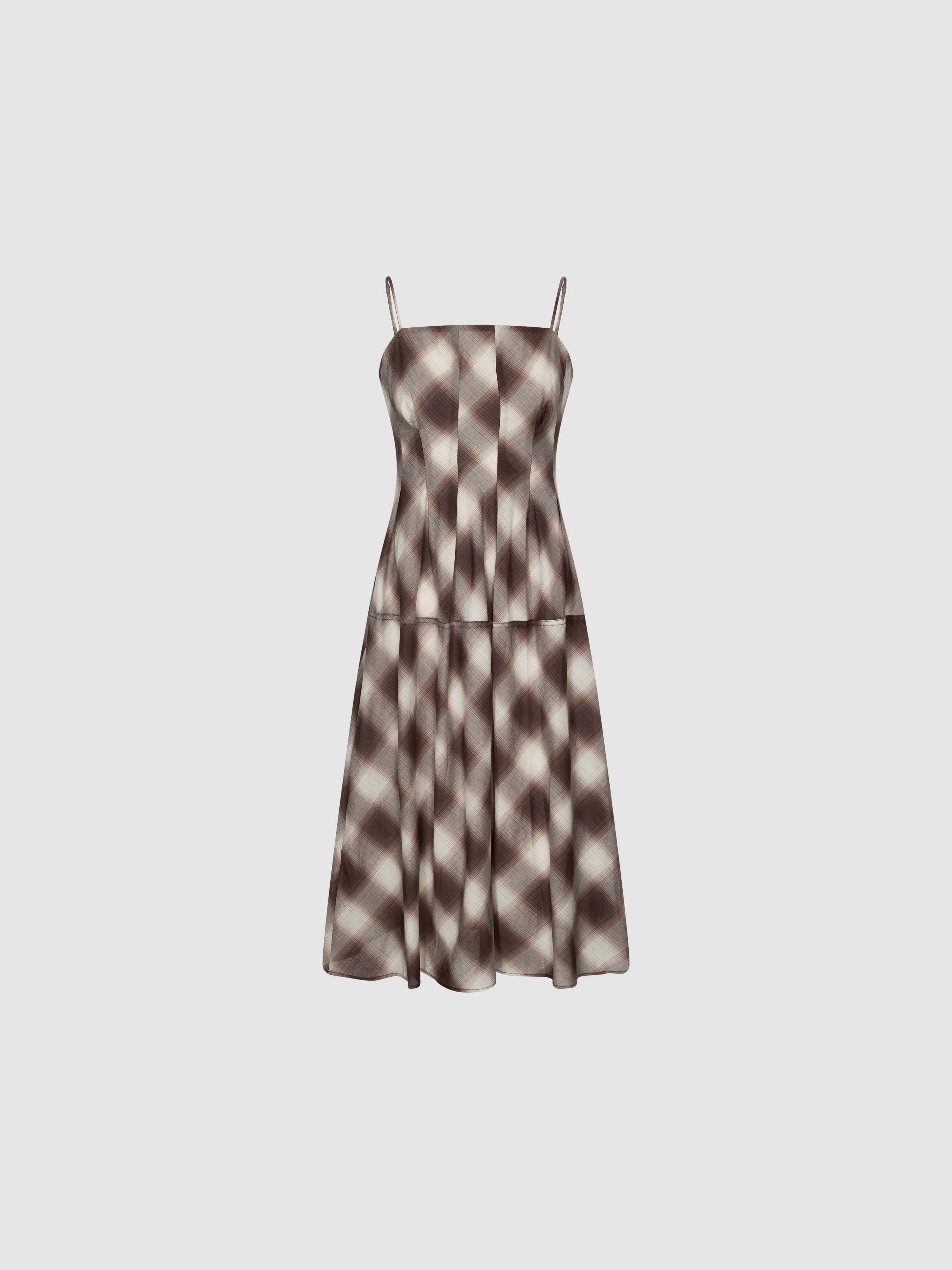 Contrast Check Strappy A-Line Midi Dresses