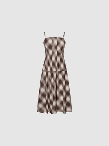 Contrast Check Strappy A-Line Midi Dresses