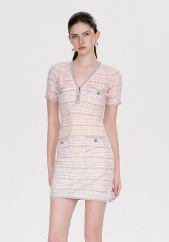 Elegant Tweed V Neck Mini Dress