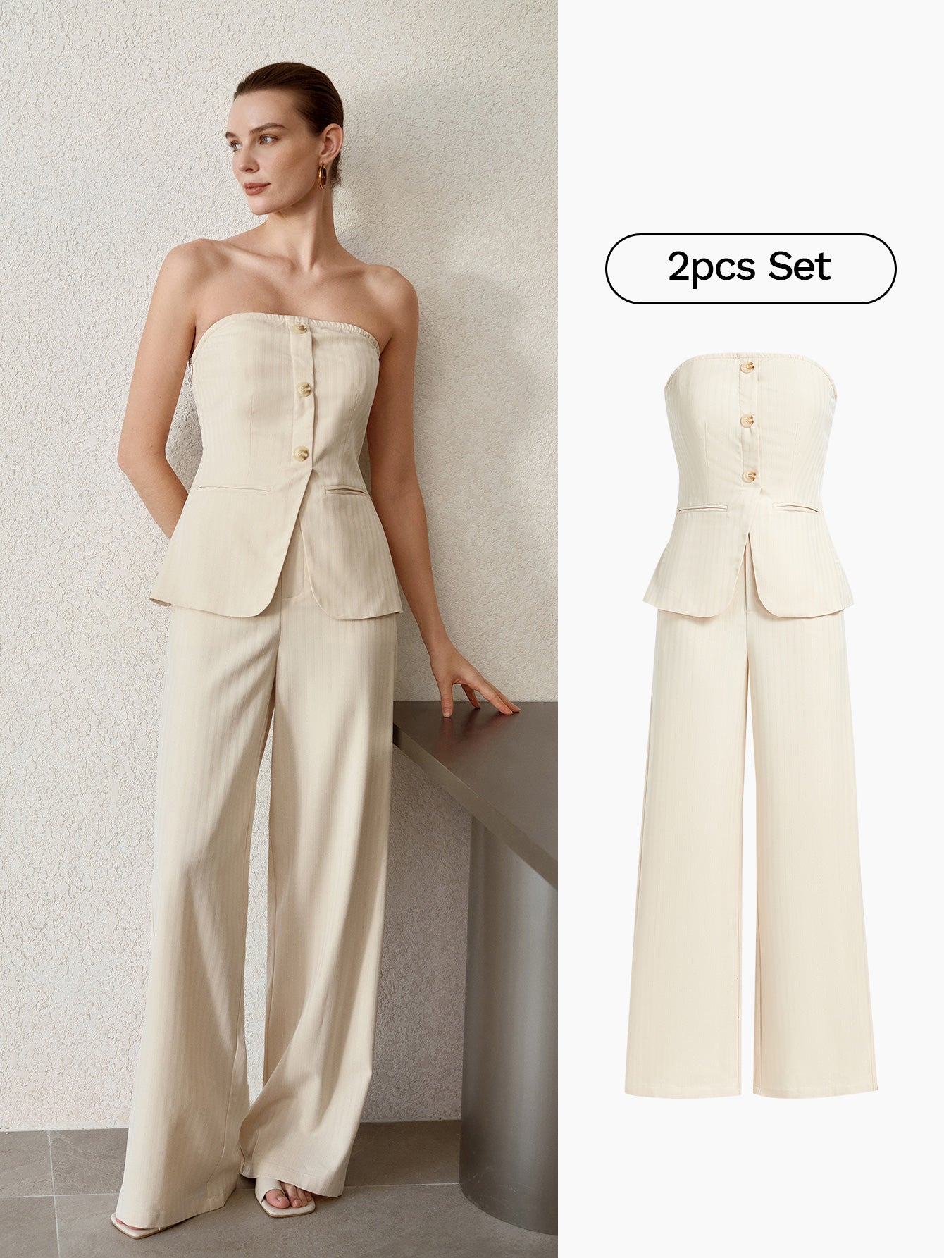 Pinstripe Strapless Top and Wide-Leg Pants Set