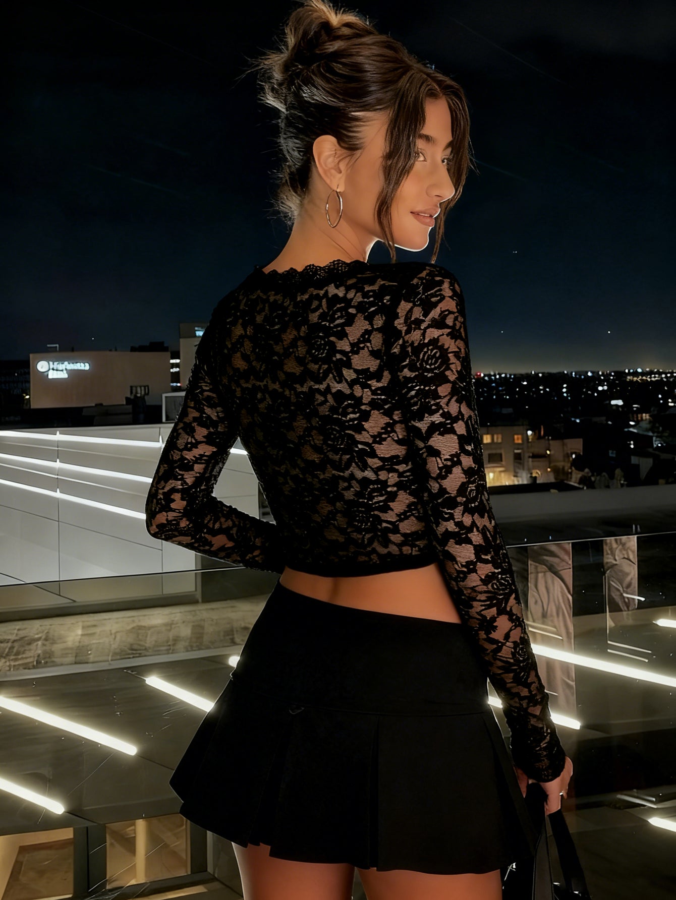 Deep V Lace Tie Front Sexy Blouse-Black