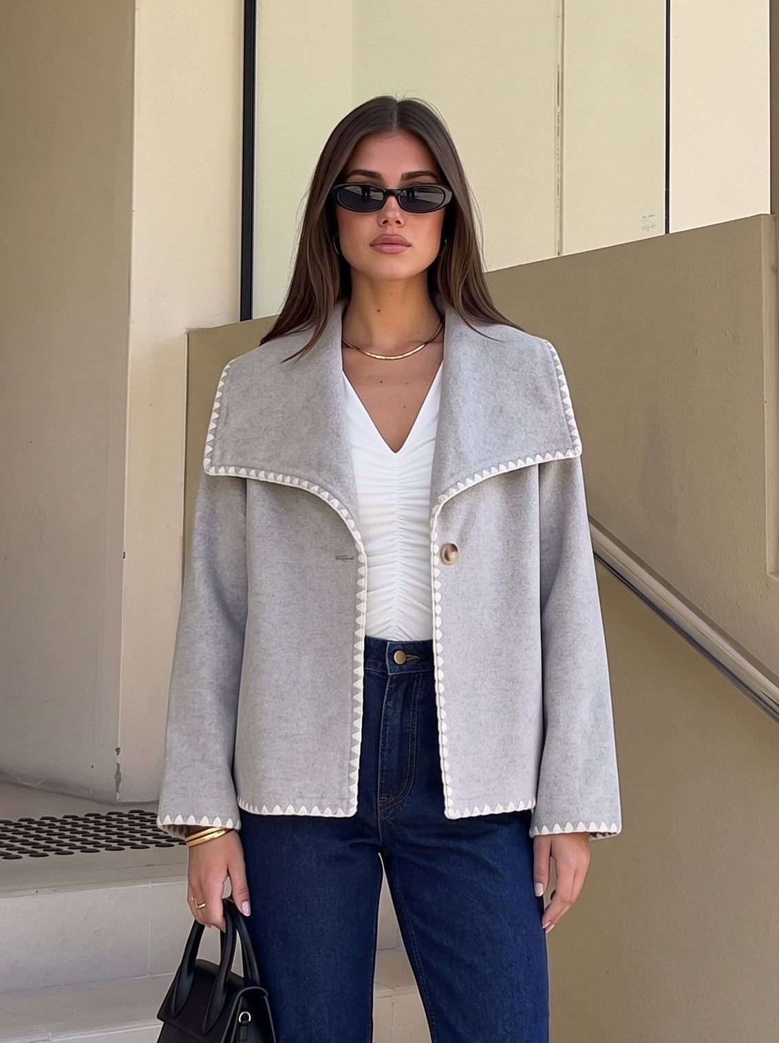 Contrast Stitch Wide Collar Coat