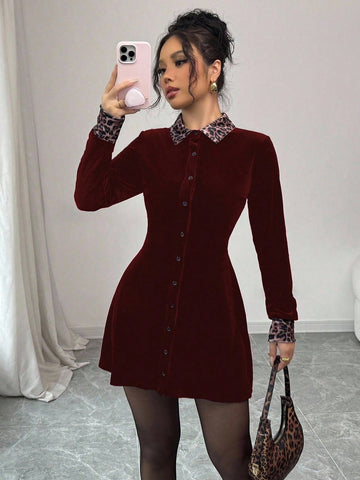 Leopard Collar Velvet Button Down Dress