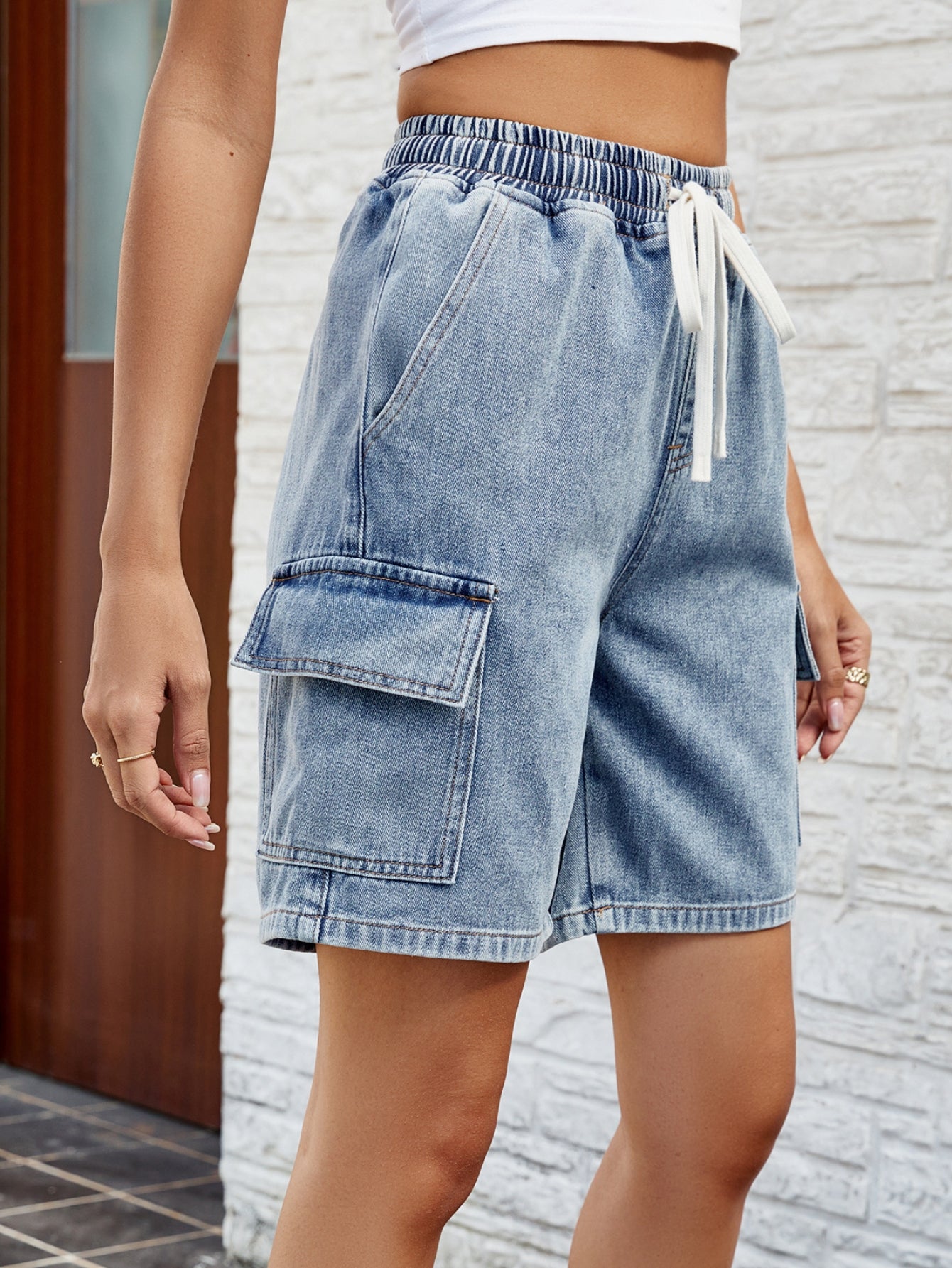 High Waisted Drawstring Cargo Denim Shorts