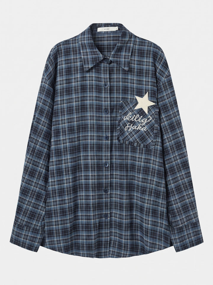 Oversized Plaid Star Embroidered Button Down Shirt