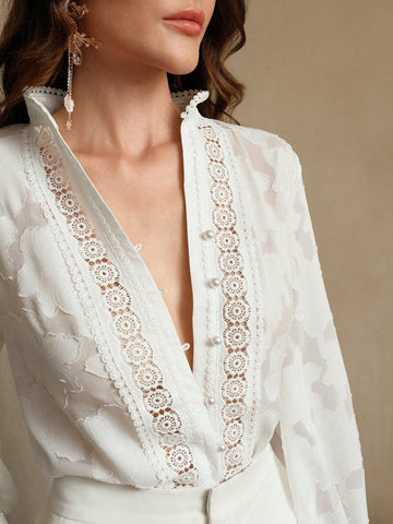 Sheer Floral Embroidered Button Down Shirt