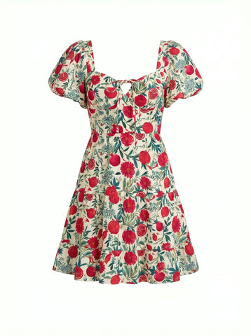 Floral Print Puff Sleeve Tiered Mini Dress