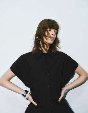 Urban Revivo Tapered Waist Short Sleeve Shirts-Black-Black