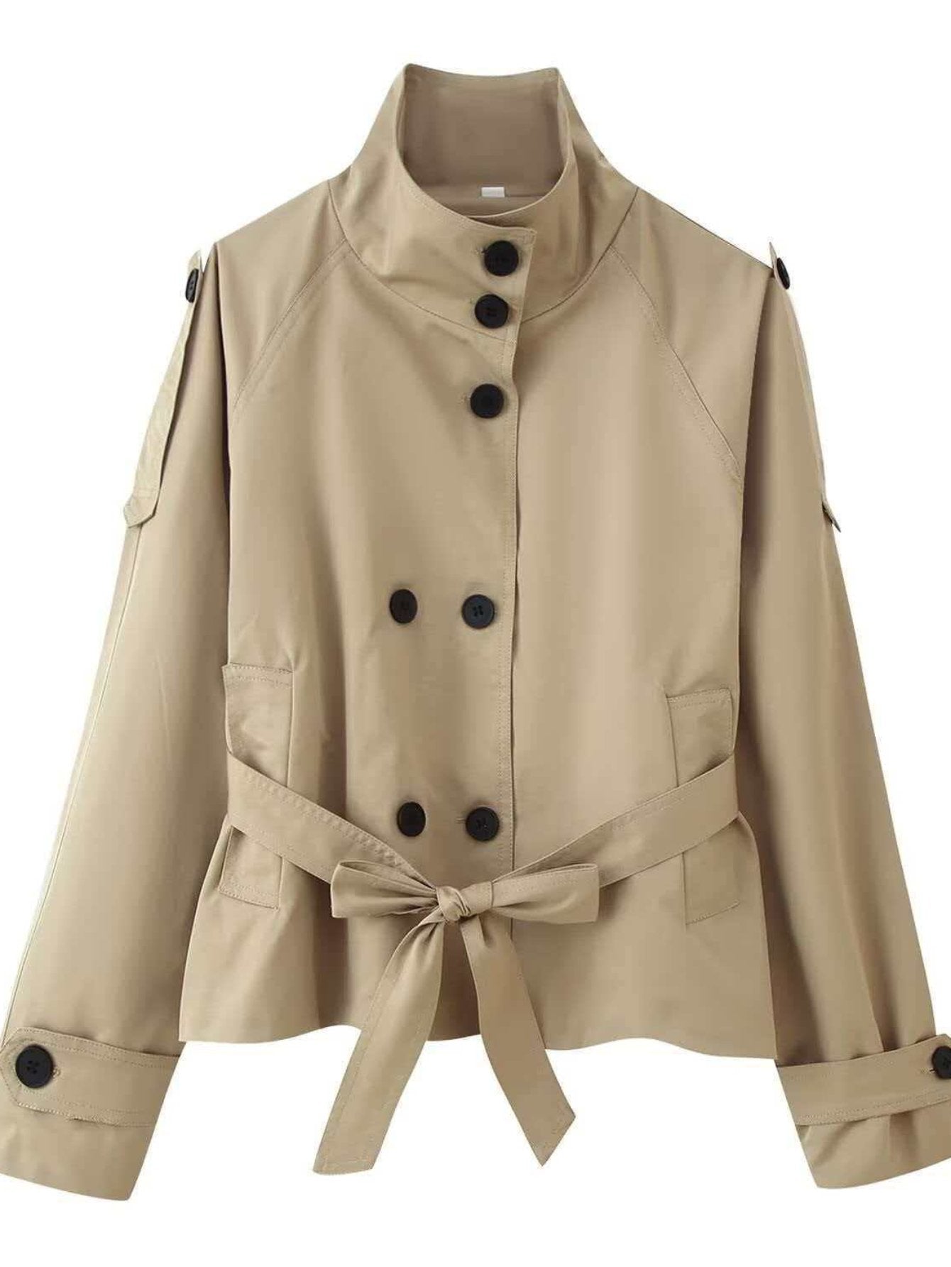 Cropped Belted Stand Collar Trench Coat
