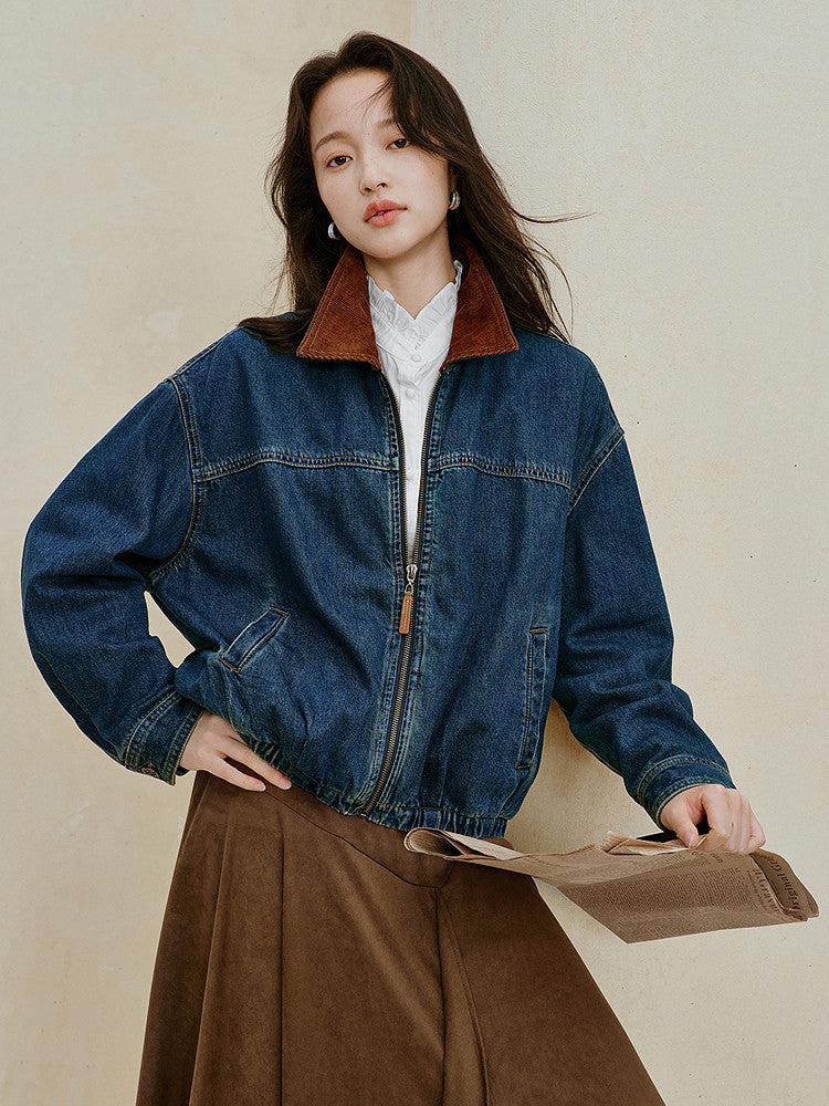 Corduroy Collar Cotton Denim Jacket