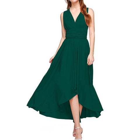 V-Neck Pleated Asymmetric Hem Casual Midi Dress-Blue