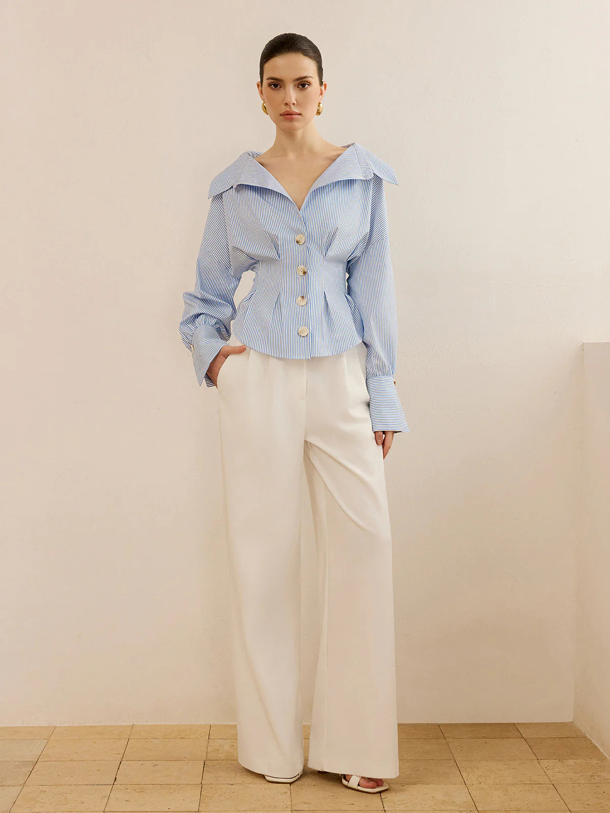 Fitted Waist Striped Button Down Shirt