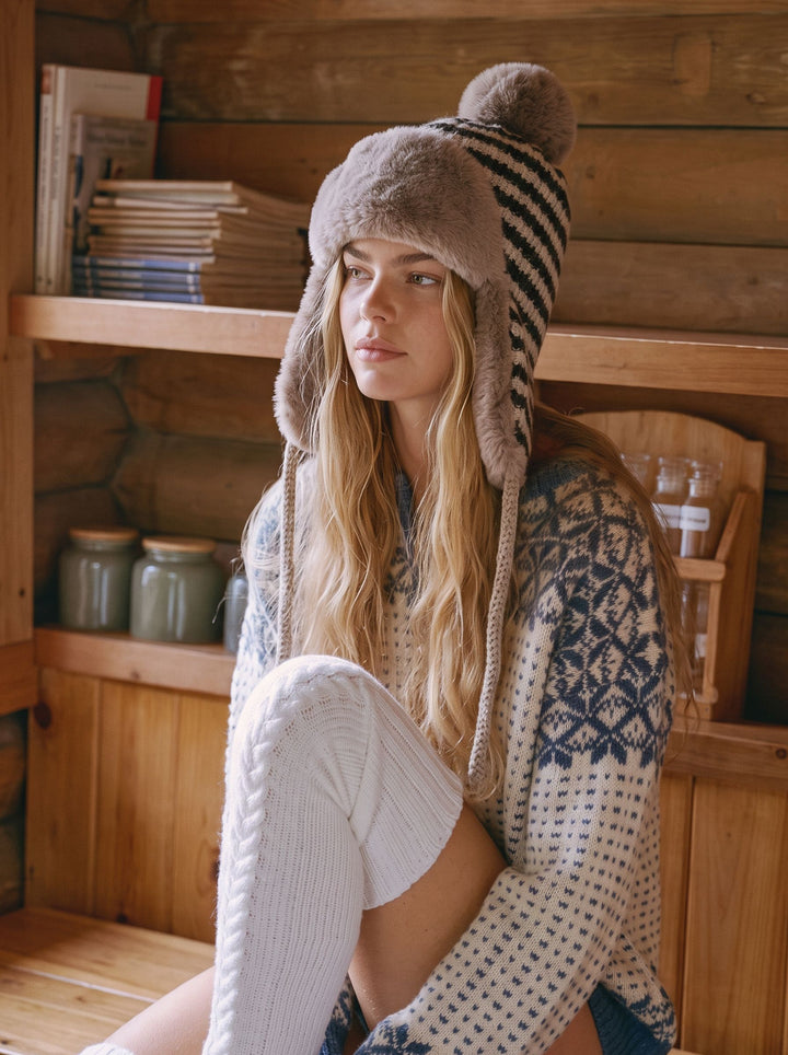 Cozy Faux Fur Lined Striped Hat