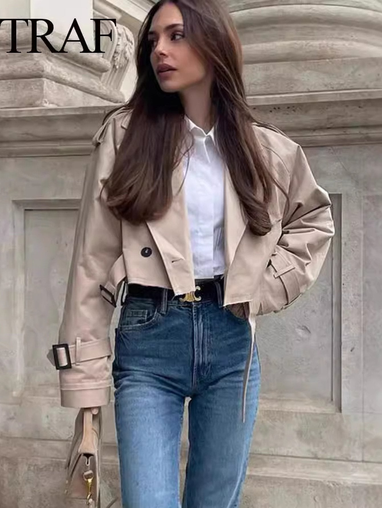 Cropped Belted Military Trench Jacket