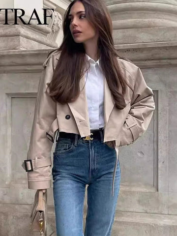 Cropped Belted Military Trench Jacket