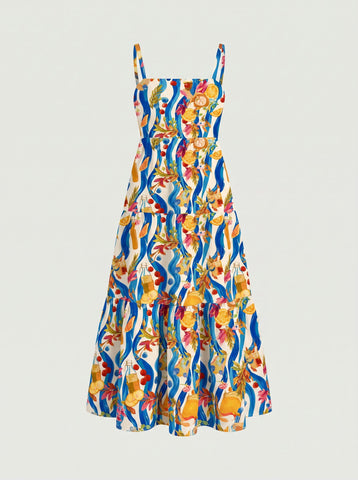 FLORA Floral Print Tiered Strap Midi Dress