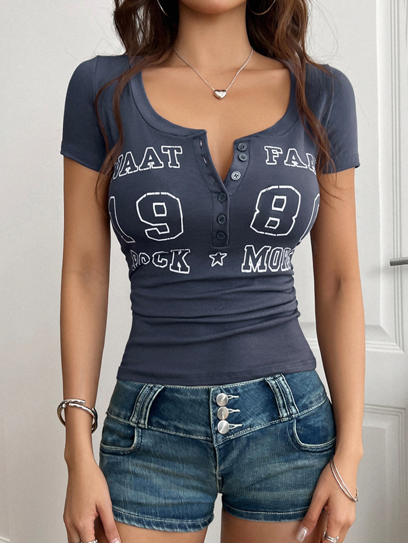 Henley Neck Graphic Print T-Shirt