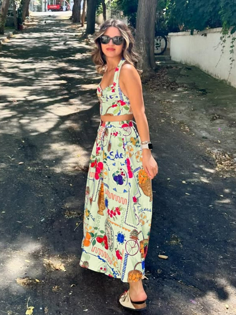 Floral Print Halter Maxi Skirt Set