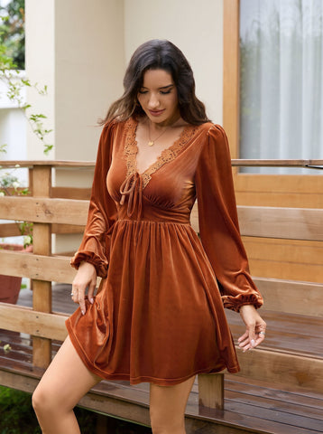 Lace Trim Velvet Mini Dress
