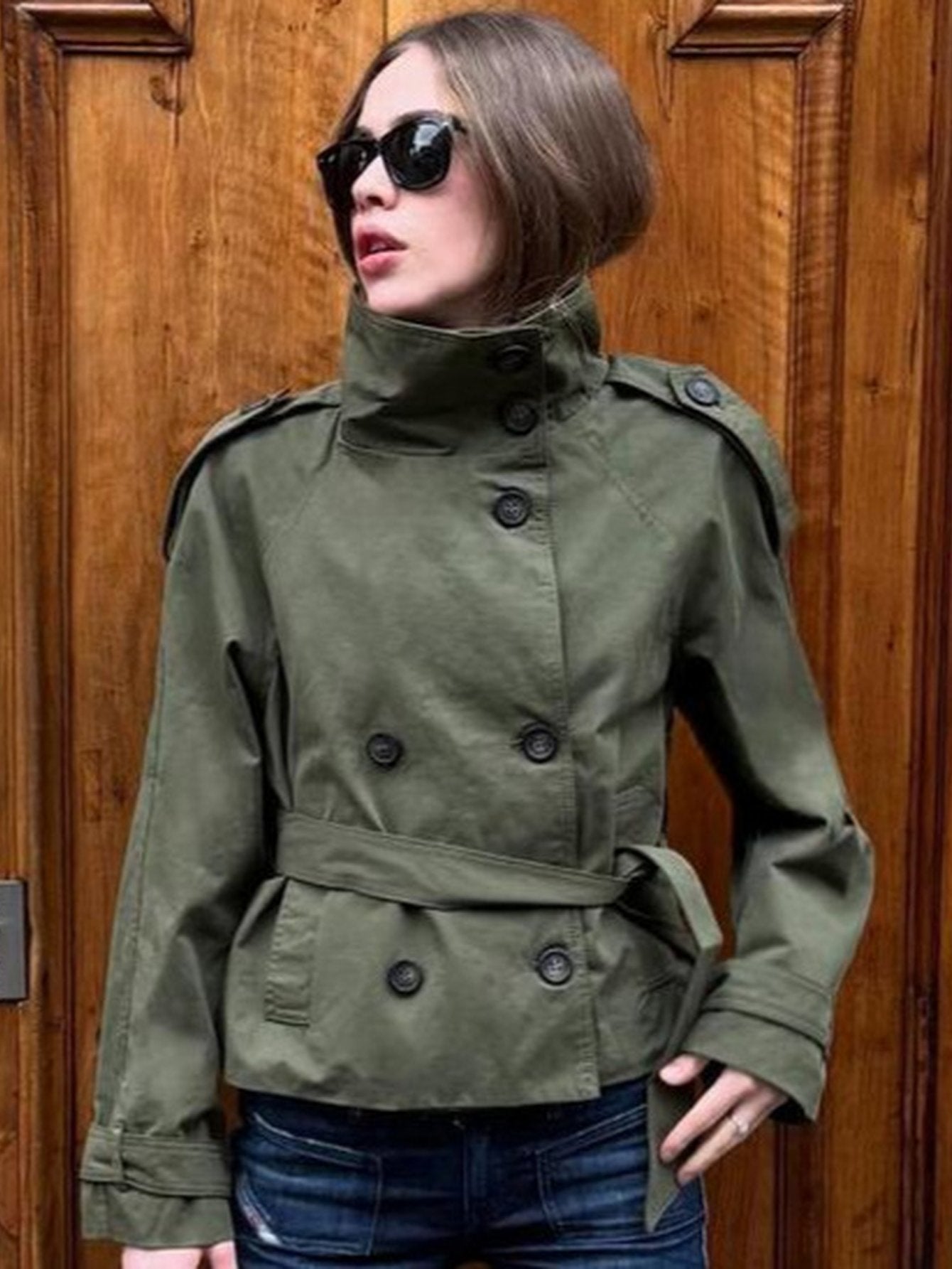 Cropped Belted Stand Collar Trench Coat