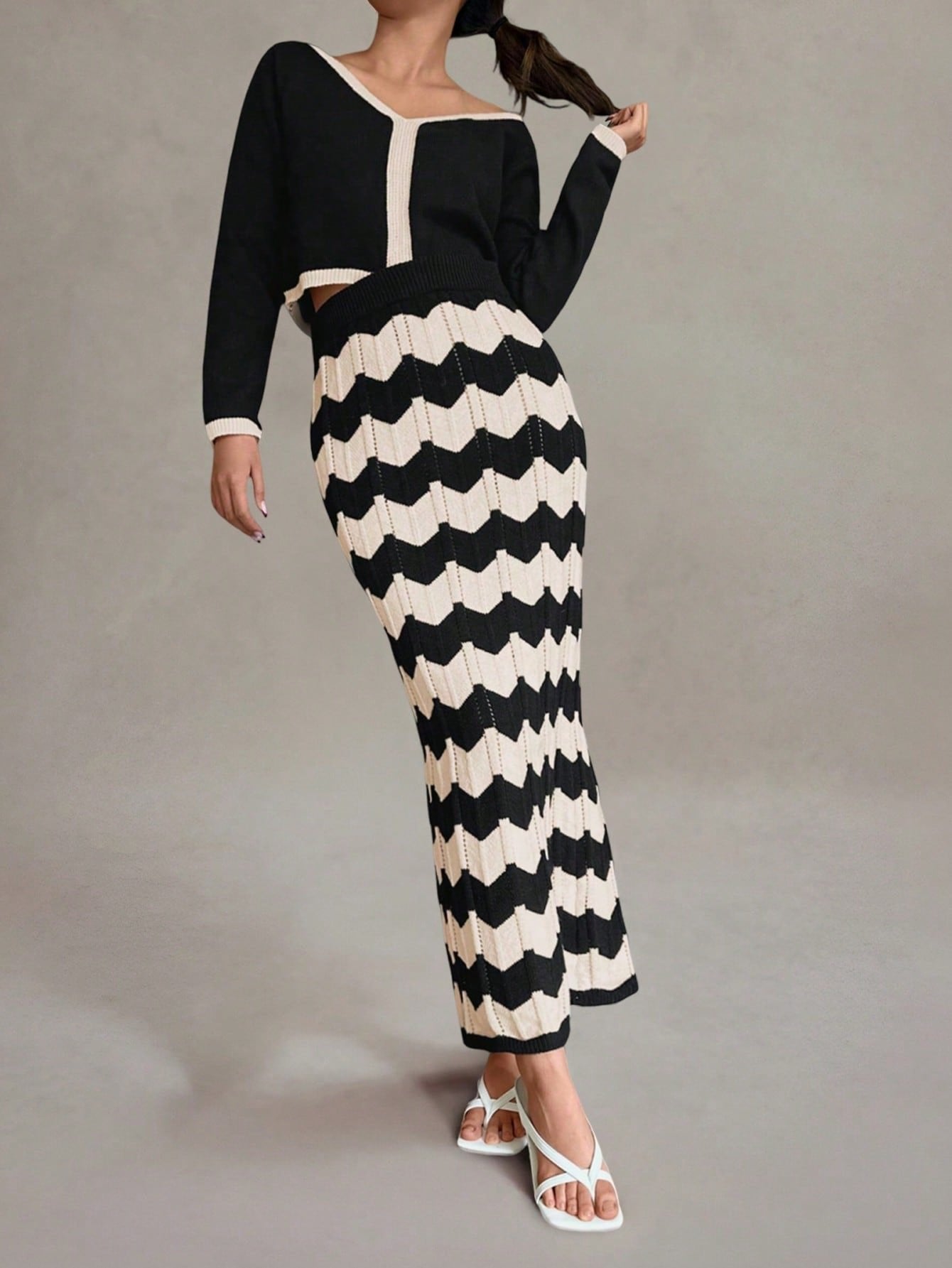 Colorblock Chevron Knit Sweater Skirt Set