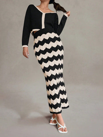 Colorblock Chevron Knit Sweater Skirt Set