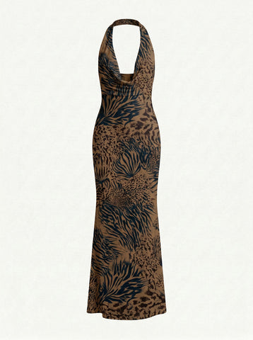 LILA Floral Print Cowl Neck Bodycon Midi Dress
