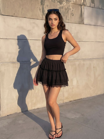 Leopard Print Lace Trim Mini Skirt