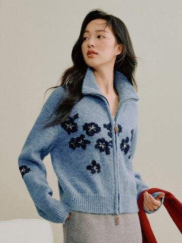 Soft Wool Blend Floral Zip Cardigan