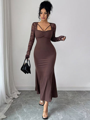 Long Sleeve Lace Panel Formal Bodycon Dress