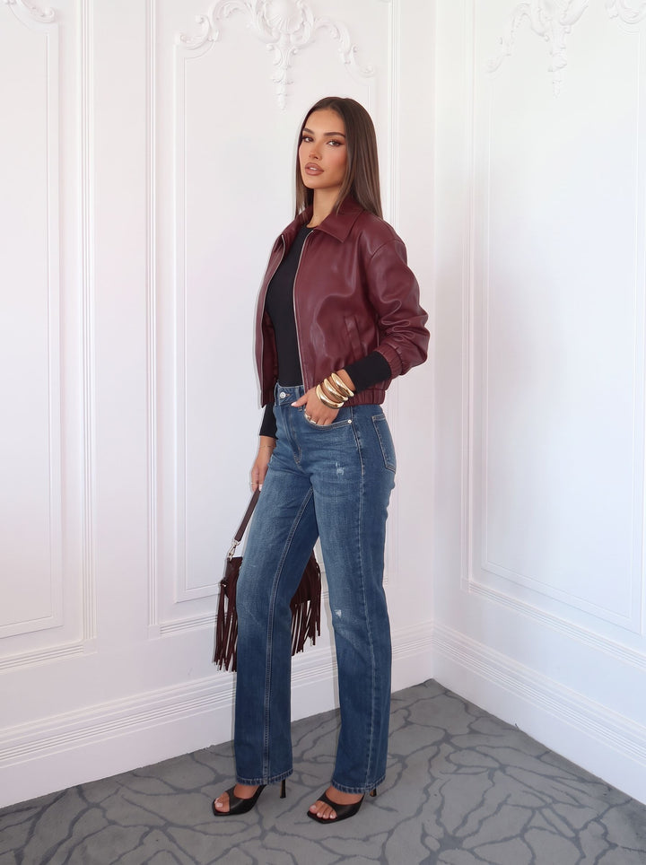 Burgundy Cropped Faux Leather Bomber Jacket