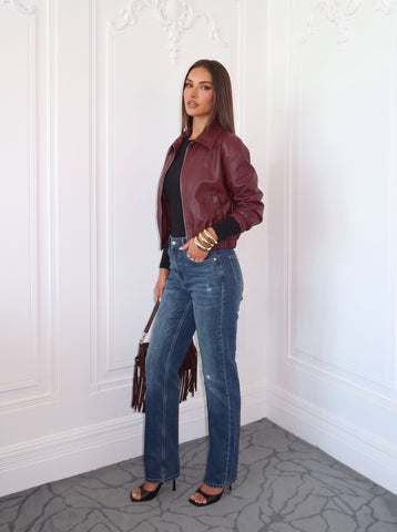 Burgundy Cropped Faux Leather Bomber Jacket
