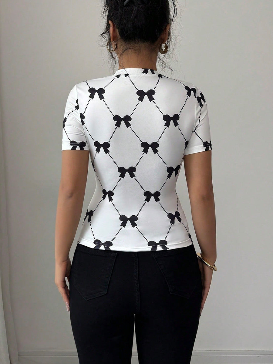 Cute Bow Print Fitted T-Shirt