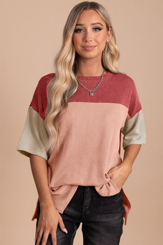Colorblock Ribbed Knit Casual T-Shirt
