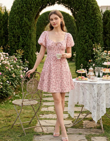 AYLA Floral Print Puff Sleeve Tiered Mini Dress